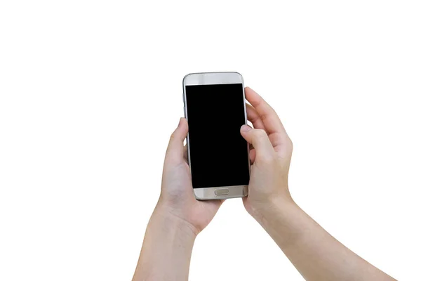 Женщина Помощью Мобильного Смартфона Изолированы Белом Фоне Обрезка Пути — стоковое фото