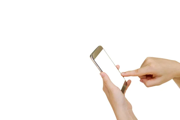 Kobieta Korzystająca Telefonu Komórkowego Białym Tle Ścieżka Wycinania — Zdjęcie stockowe