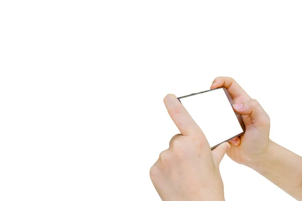Kobieta Korzystająca Telefonu Komórkowego Białym Tle Ścieżka Wycinania — Zdjęcie stockowe