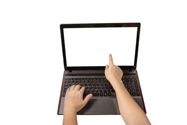 Persoon Hand Met Wijsvinger Wijzend Naar Laptop Scherm Geïsoleerd Witte — Stockfoto