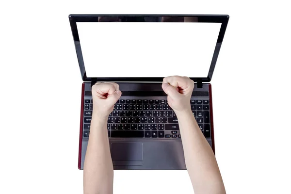 Vuisten Handvol Sterk Laptop Geïsoleerd Witte Achtergrond Clipping Pad — Stockfoto
