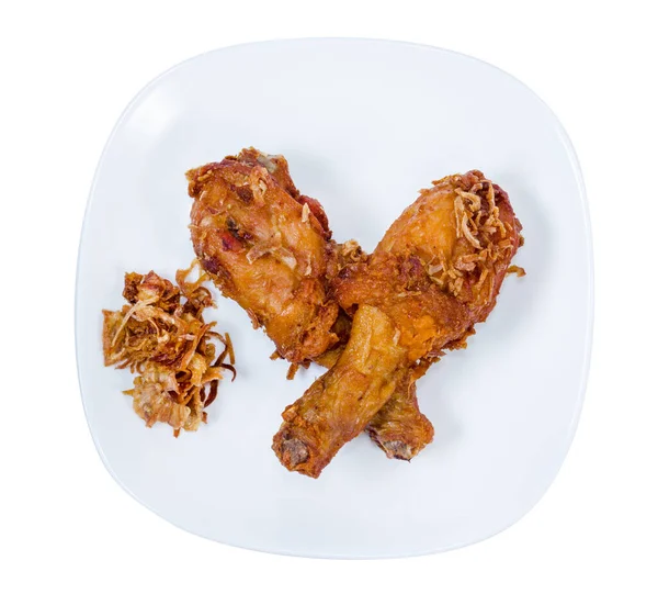 Stekt Kyckling Trumpinne Vit Skål Isolerad Vit Bakgrund Klippning Väg — Stockfoto