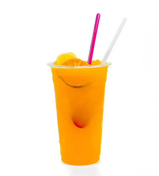 Slush Med Orange Plast Cupon Vit Bakgrund — Stockfoto