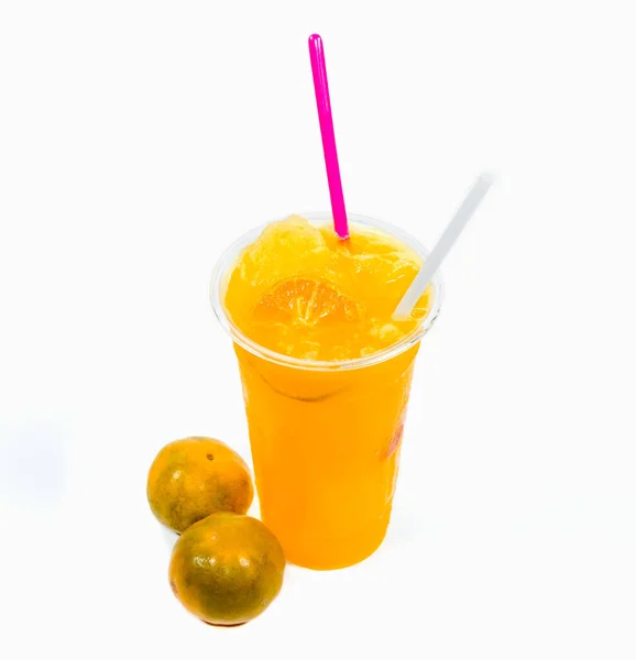 Slush Med Orange Plast Cupon Vit Bakgrund — Stockfoto