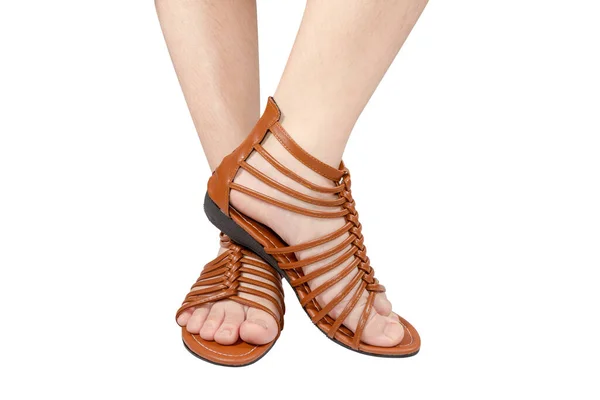 白い背景に茶色の靴の女性の足 — ストック写真