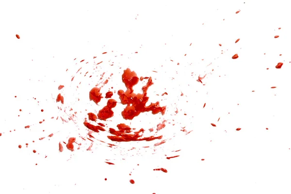 Närbild Droppar Rött Blod Isolerad Vit Abstrakt Bakgrund — Stockfoto