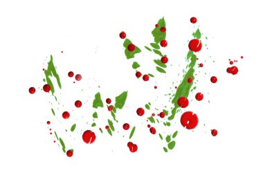 Beyaz arkaplanda yeşil ve kırmızı damlalar izole edilmiş, soyut desen