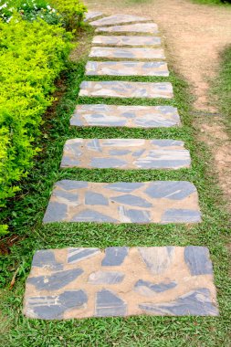 Bahçede yeşil çimenler ve taş kaldırım