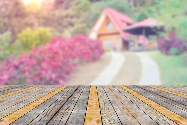 Översta Skrivbord Med Morgon Landskap Suddig Bakgrund Trä Bord — Stockfoto