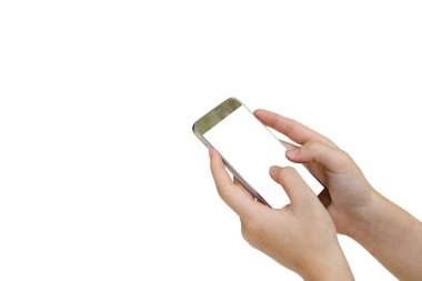 Cep telefonu kullanan kadın beyaz arkaplanda izole edilmiş, kırpma yolu