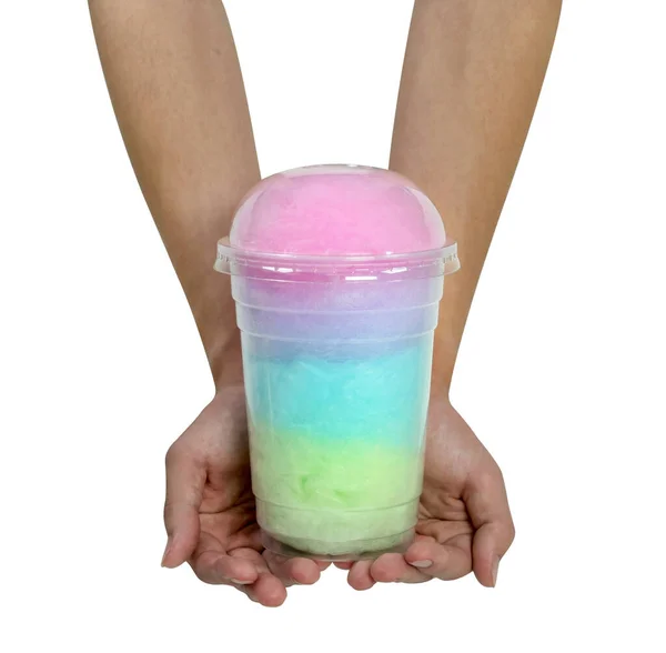 Hand Holding Cotton Candy Plastic Cup Isolated White Background Clipping — Stock Photo, Image