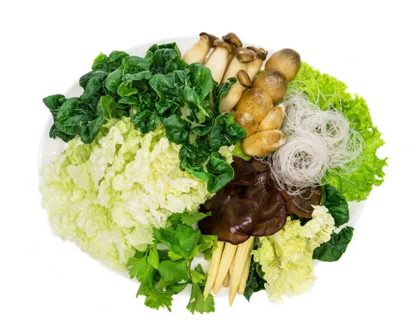 Verduras Frescas Varias Para Sukiyaki Plato Blanco Aislado Sobre Fondo — Foto de Stock