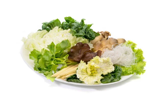 Varias Verduras Frescas Para Sukiyaki Plato Blanco Aisladas Sobre Fondo — Foto de Stock