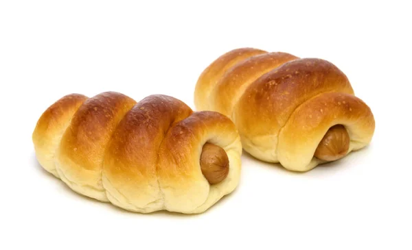 Λουκάνικο Ψωμί Απομονωμένο Λευκό Φόντο — Φωτογραφία Αρχείου