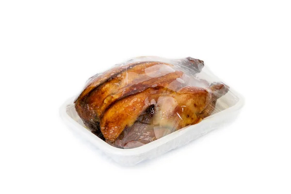 Plastik Ambalajda Kızarmış Tavuk Beyaz Arka Planda Izole Edilmiş — Stok fotoğraf