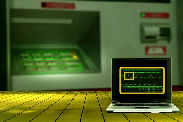 Komputer Dengan Hacker Automatic Teller Machine Blur Background — Stok Foto