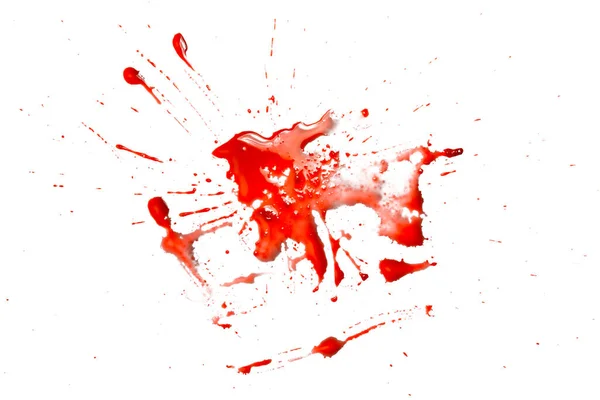 Close Druppels Rood Bloed Geïsoleerd Witte Achtergrond Abstract Patroon — Stockfoto