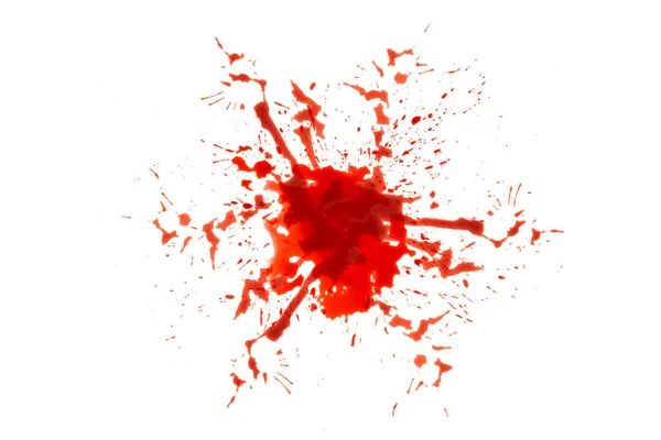 Närbild Droppar Rött Blod Isolerad Vit Bakgrund Abstrakt Mönster — Stockfoto