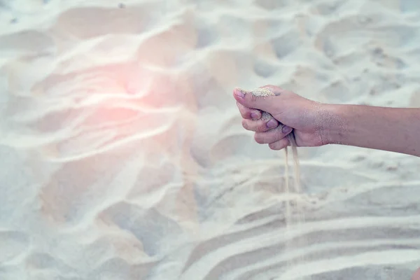 Sand Der Hand Mit Sandigem Boden Hintergrund — Stockfoto