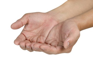 İki, avuç içini aç. Beyaz arka planda izole edilmiş, kırpma yolu.