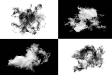 Siyah arkaplanda beyaz bulut, desenli duman, fırça etkisi 