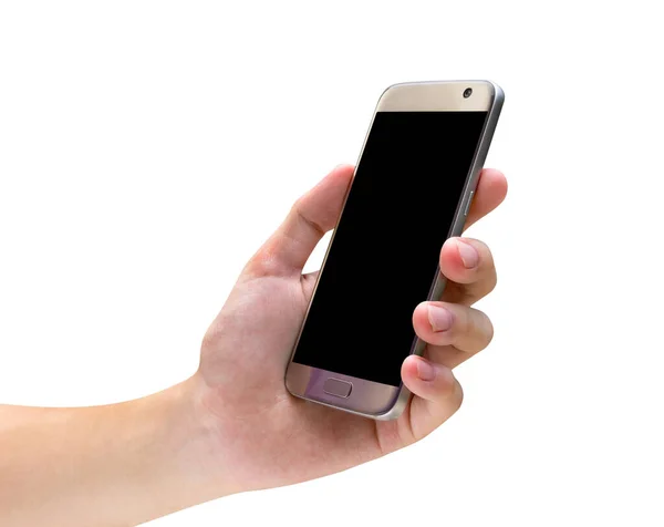 Hand Holding Mobile Smart Phone Isolated White Background Clipping Path — Stock Photo, Image