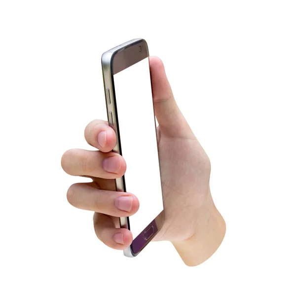 Trzymanie Ręcznego Smartfona Białym Tle Ścieżka Klipowa — Zdjęcie stockowe