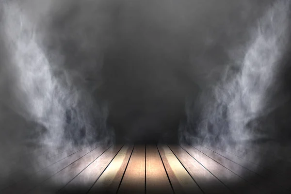 舞台上的灯光和烟雾 木制地板 — 图库照片