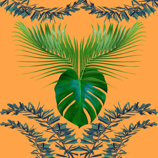 カラフルなヤシの葉のパターンは自然概念のため 熱帯の葉はオレンジの背景に — ストック写真
