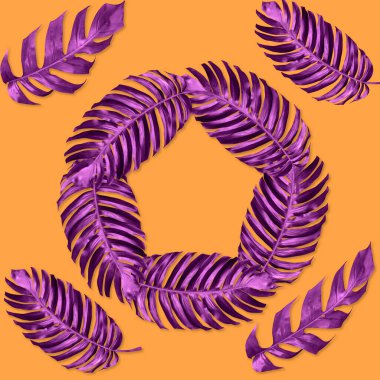 Yeşil canavar yaprağı deseni doğa konsepti için menekşe, turuncu arka planda tropikal yaprak