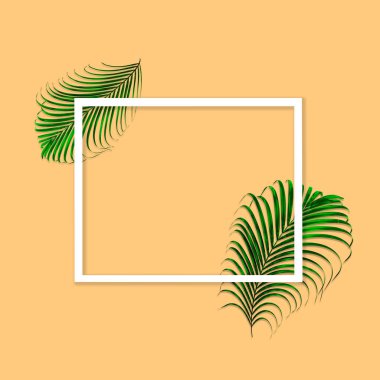 Doğa konsepti için yeşil palmiye yaprakları deseni, turuncu kağıt arka planda tropikal yaprak