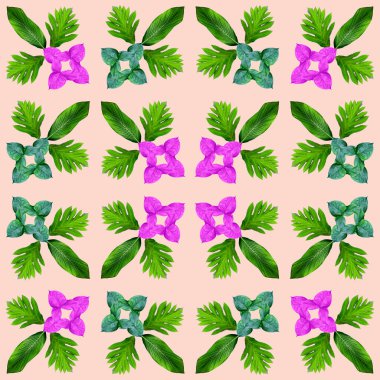 Tropikal egzotik bitki yaprağı, yeşil yapraklar doğa konsepti için yeni bir renk, tekstil ve kumaş tasarımı için soyut bir arkaplan, pembe arka planda izole edilmiş.