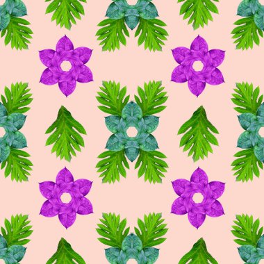 Tropikal egzotik bitki yaprağı, yeşil yapraklar doğa konsepti için yeni bir renk, tekstil ve kumaş tasarımı için soyut bir arkaplan, pembe arka planda izole edilmiş.