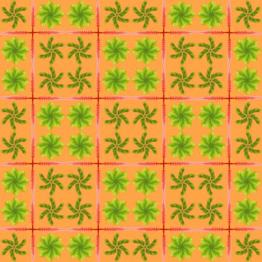 Tropikal egzotik bitki yaprağı, yeşil yapraklar doğa konsepti için yeni bir renk, tekstil ve kumaş tasarımı için soyut bir arkaplan, turuncu arka planda izole edilmiş.