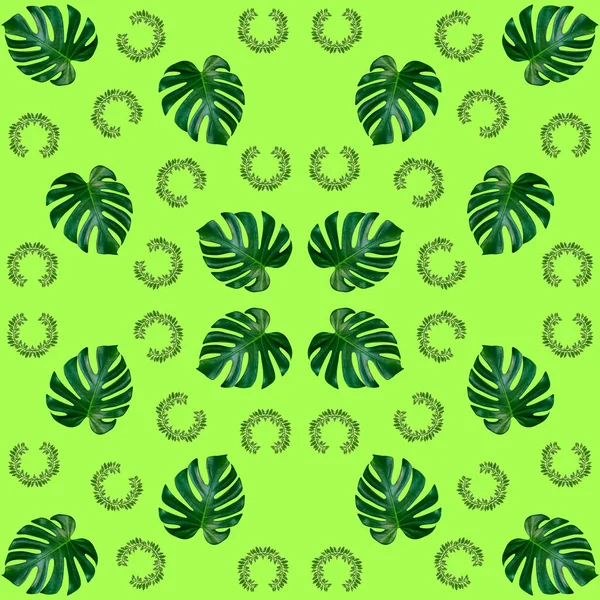 热带异国情调植物叶片无缝 绿叶图案为大自然的概念增添了新的色彩 为纺织品和织物的设计提供了抽象的背景 — 图库照片