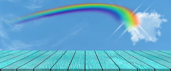 Scrivania Superiore Con Cielo Blu Nuvola Bianca Sfondo Sfocato Arcobaleno — Foto Stock