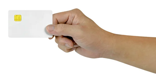 Hand Hält Leere Weiße Kreditkarte Isoliert Auf Weißem Hintergrund Plastik — Stockfoto