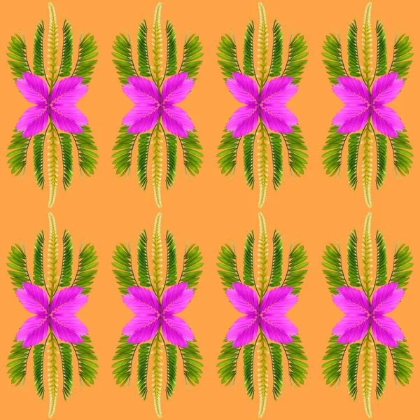 热带异国情调植物叶 绿叶图案 为大自然的概念增添了新的色彩 为纺织品和面料设计提供了抽象的背景 在橙色背景下被分离出来 — 图库照片