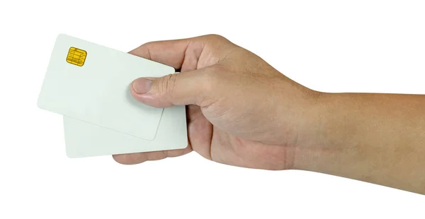 Hand Hält Zwei Leere Weiße Kreditkarten Isoliert Auf Weißem Hintergrund — Stockfoto