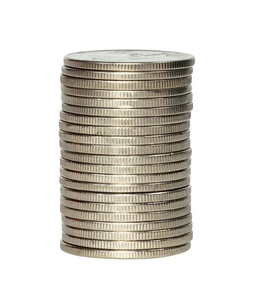Detailní Stříbrné Mince Stohy Izolované Bílém Pozadí — Stock fotografie