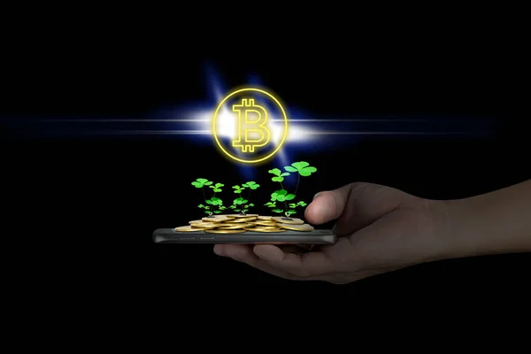 Human hand holding mobile smart phone with piles of golden coins and bitcoin symbol,Lucky economic growth concept