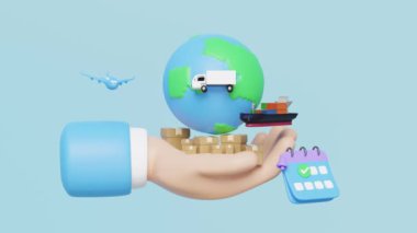 Küre, uçak, kamyon, kargo gemisi, takvim ve malzeme kutusuyla birlikte dünya çapında nakliye konsepti mavi arka planda izole edildi. 3d resimleme, alfa kanal