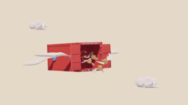 Karton kutulu nakliye konteynırı, turuncu arka planda yalıtılmış kanat. Express dağıtım rotası, dünya çapında nakliye konsepti, 3D illüstrasyon çizimi, alfa kanal