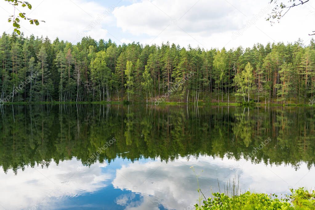 Wonderful nature. Devil's lake in Latgale, Latvia. Beautiful lake in a pine trees forest, with green trees and clouds reflected on the water in summer like in a mirror