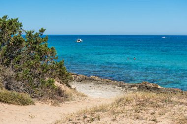 Güney İtalya, Puglia 'daki harika Akdeniz sahili sahillerinde kristal berrak sularda yüzüyorlar.