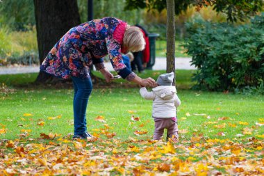 Anne ya da büyükanne sonbaharda şehir parkında renkli yapraklarla oynayan çocuk ya da çocukla oynuyorlar.