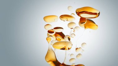 Şeffaf turuncu altın yağ kabarcıkları ve saf suda beyaz bir arkaplanda sıvı şekiller. Bilim ve reklamcılık için fotokopi alanı ile saflaştırılmış kozmetik arka planda kristal renkli baloncuklarla yan açı.