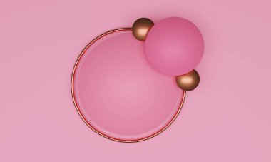 Çemberli pembe, boş, soyut arkaplan ve üç boyutlu altın yüzük çizimi metin ve resimler için kopyalama alanı ile bir çerçeve veya sınır oluşturur. Arka planlar, afişler, reklamlar ve terfiler için harika..