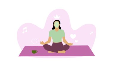 Mor nilüfer çiçekli bir yoga minderinde oturan bir kadın yeşil bir fincan çay ve beyaz arka planda izole edilmiş kalpler, müzik notaları ve tacı olan soyut bir damlayla. Kişisel bakım afişi için harika.