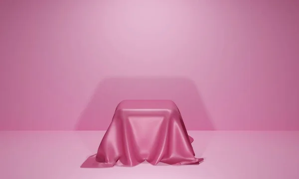 3D rendering template of an empty square table or pedestal with glossy, pink tablecloth draped over in a lit, blank, pink room. Great as mock up for displays, advertising, promotions and exhibitions.